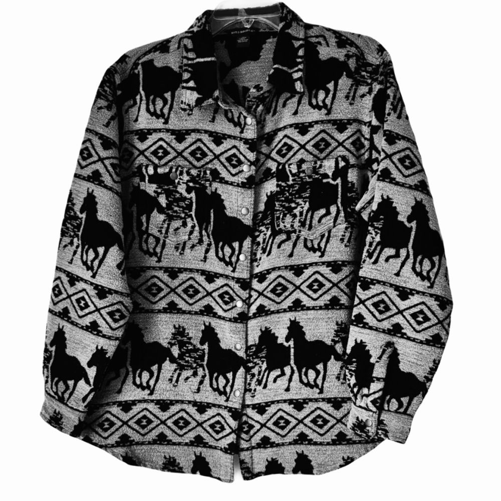 Bit & Bridle Shirt/Jack, Sz. M, Gray/Black Horse/Aztec Print, Snap Closures